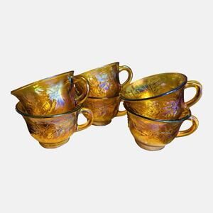 Vintage 6 Carnival Glass Iridescent Amber Punch Bowl Cups Autumn Leaves
